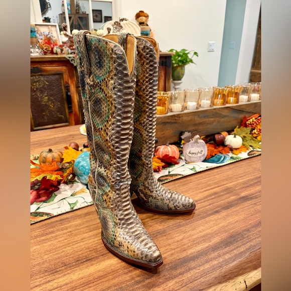 Dan Post Snakeskin Heeled Boots in Brown and Green - Picture 2 of 6